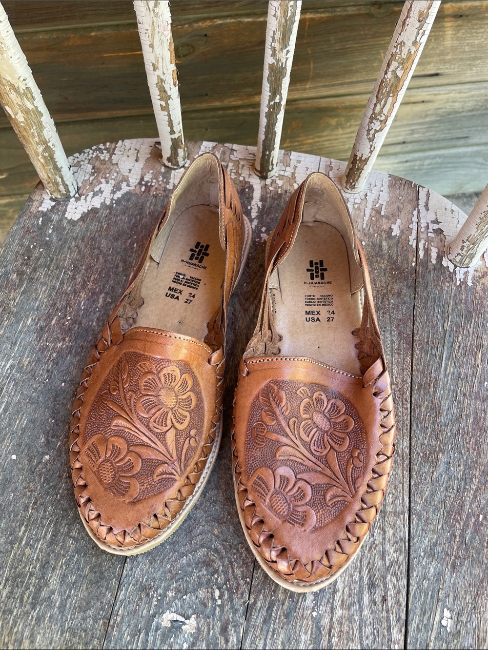 Hand-Tooled Leather Floral Huarache Slip-Ons - Brown